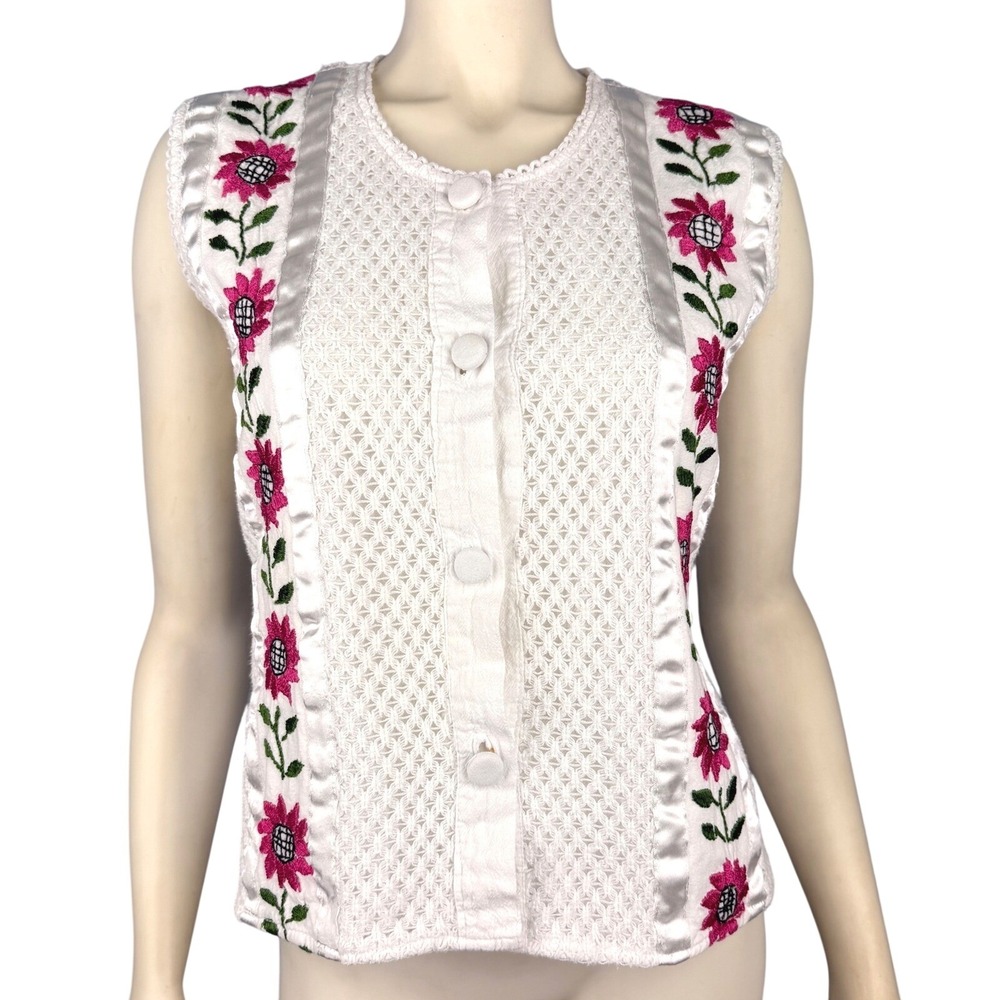 Handmade Embroidered Pink Flowers White Button Up‎ Tank Vest Sleeveless Size M